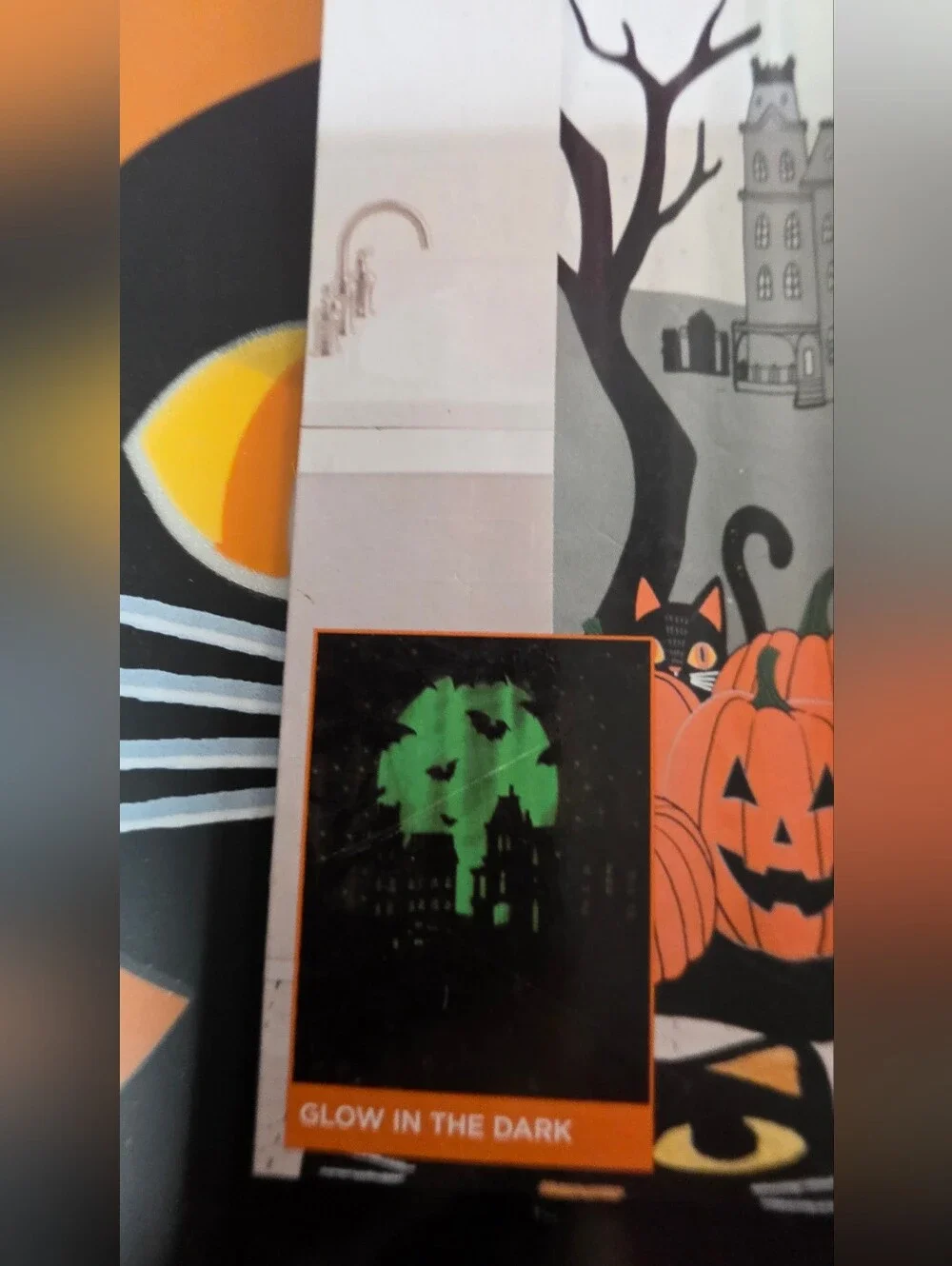 Celebrate Halloween Together Orange Black Scenic Cat Shower Curtain Glow In Dark